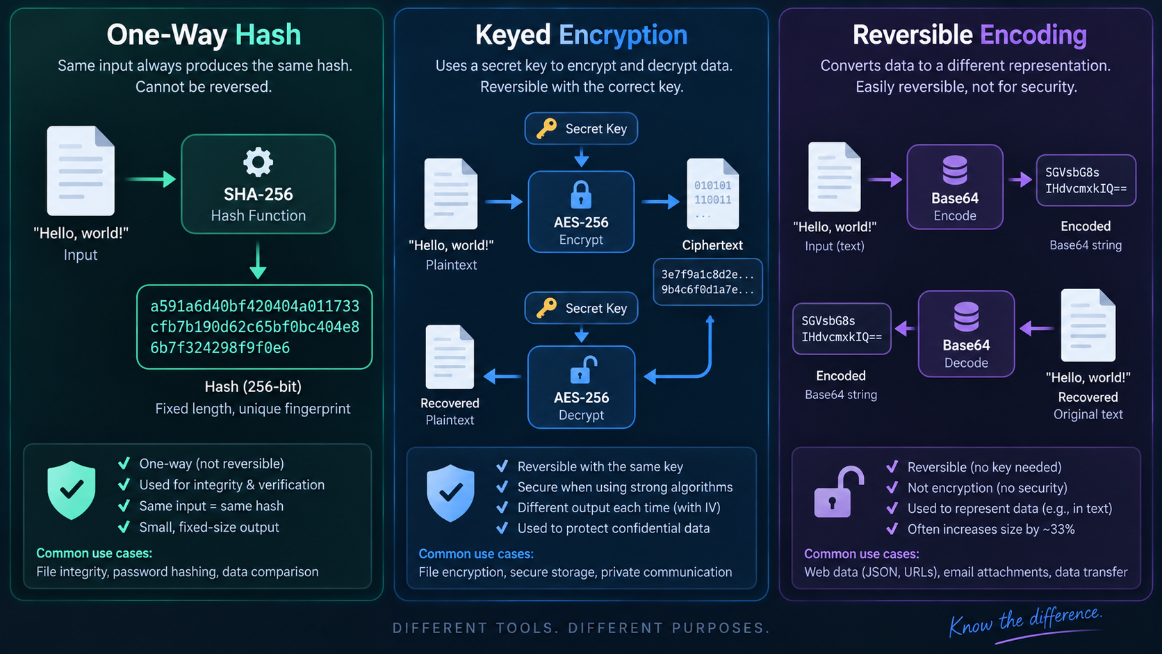 Three-way technical diagram comparing hash, encryption with key, and reversible encoding