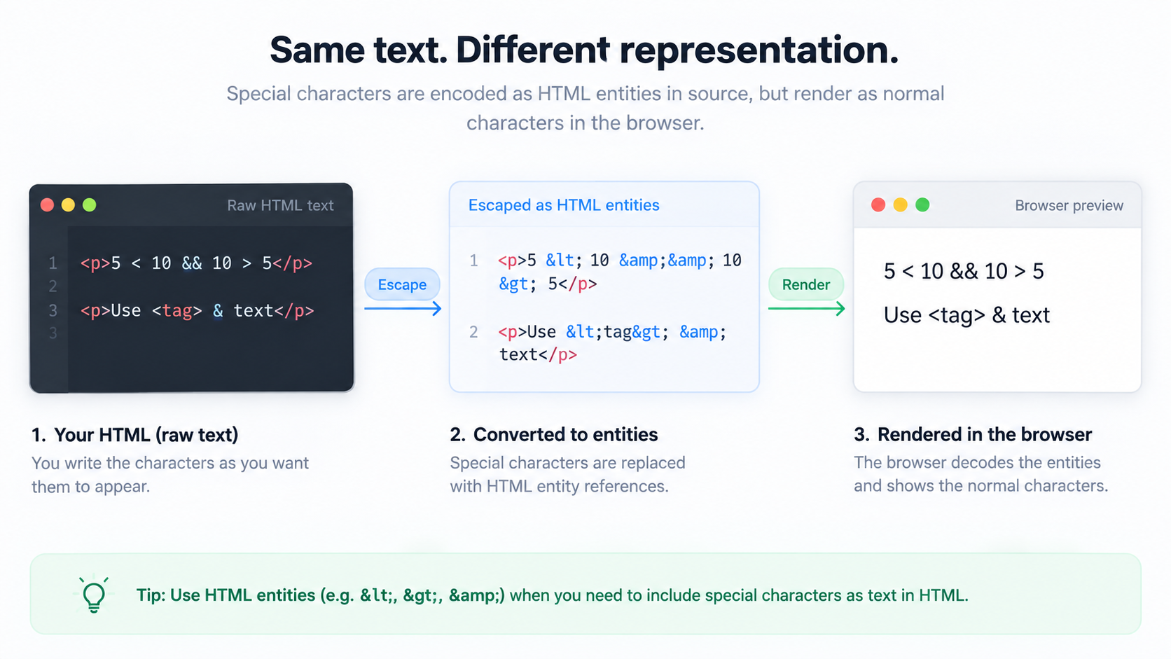 HTML source characters transforming into escaped character references and rendered text