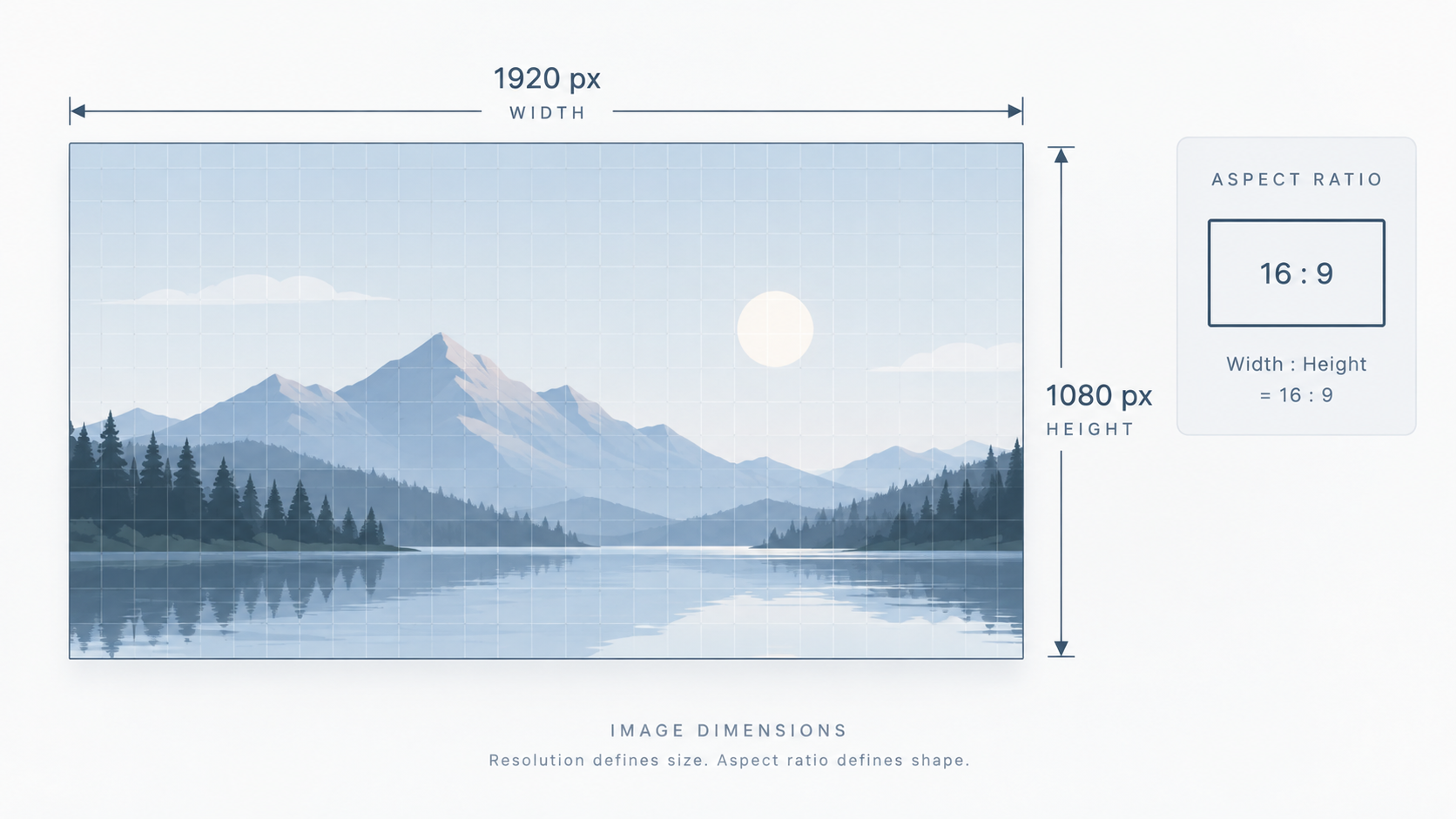 Image frame annotated with width height aspect ratio and pixel grid