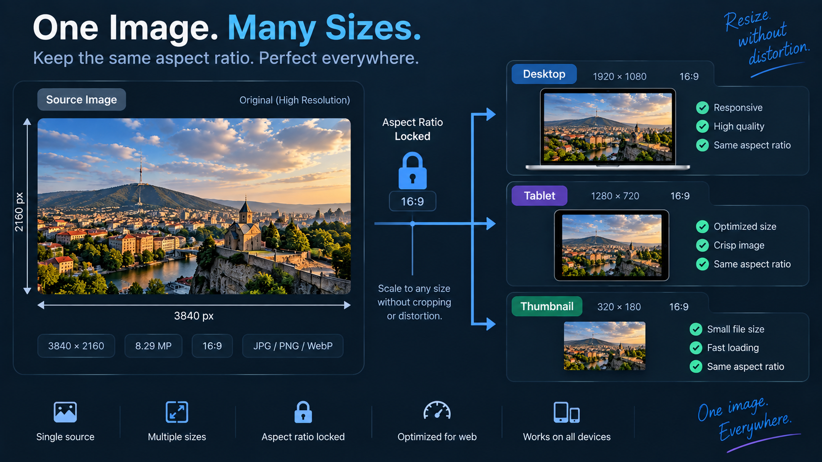 Large source image scaling down to several responsive web sizes while preserving aspect ratio