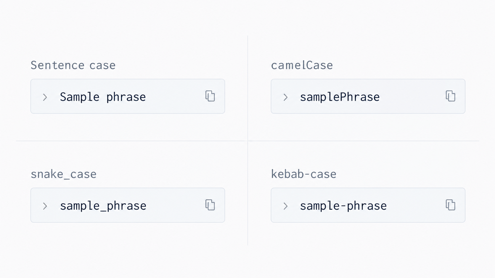 One phrase displayed in several case conventions with code and prose contexts